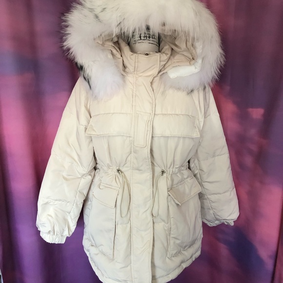 Coat down genuine fox fur hood pocket cream beige women - Picture 8 of 10